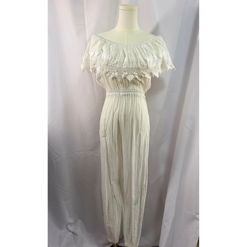 Vintage White Gauze Off Shoulder Crochet Lace Romper Boho Beach Summer Size S